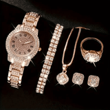 Generic Women's Diamond Fashion Wristwatch 6-Piece Jewelry Set