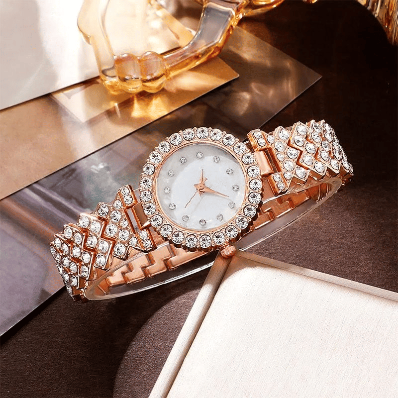 Women's 6-Piece Luxury Rhinestone Watch & Jewelry Set - Rose Gold