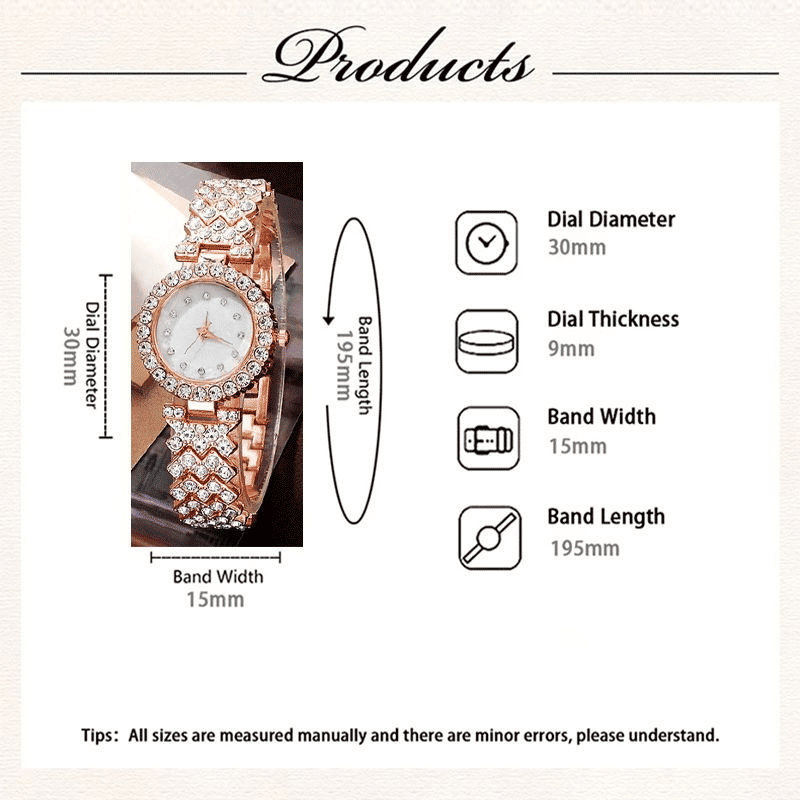 Women's 6-Piece Luxury Rhinestone Watch & Jewelry Set - Rose Gold