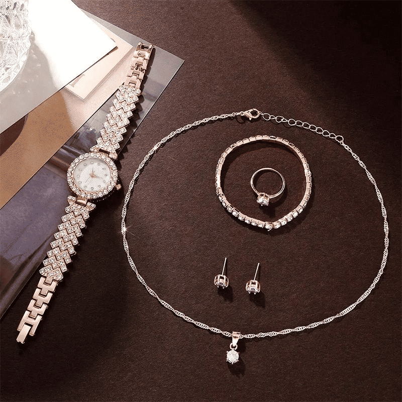 Women's 6-Piece Luxury Rhinestone Watch & Jewelry Set - Rose Gold