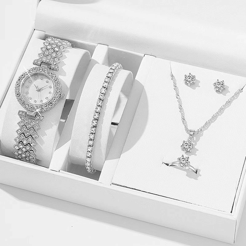 Women's 6-Piece Luxury Rhinestone Watch & Jewelry Set - Rose Gold