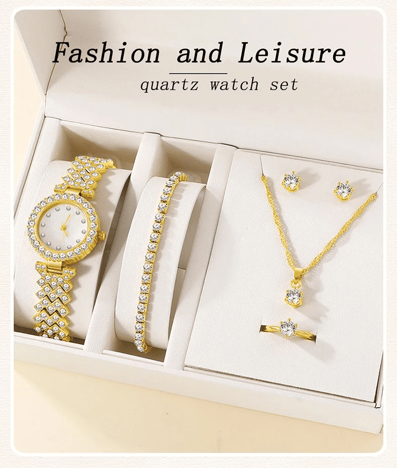 Women's 6-Piece Luxury Rhinestone Watch & Jewelry Set - Rose Gold