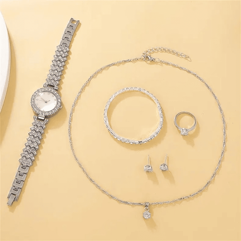 Women's 6-Piece Luxury Rhinestone Watch & Jewelry Set - Rose Gold