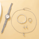 Women's 6-Piece Luxury Rhinestone Watch & Jewelry Set - Rose Gold