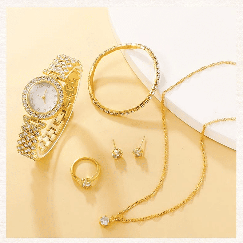 Women's 6-Piece Luxury Rhinestone Watch & Jewelry Set - Rose Gold