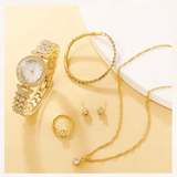 Women's 6-Piece Luxury Rhinestone Watch & Jewelry Set - Rose Gold