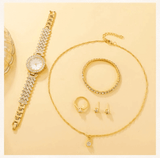 Women's 6-Piece Luxury Rhinestone Watch & Jewelry Set - Rose Gold