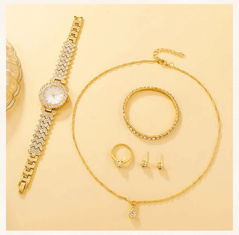 Women's 6-Piece Luxury Rhinestone Watch & Jewelry Set - Rose Gold
