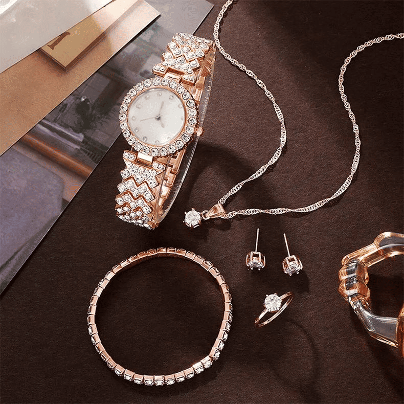Women's 6-Piece Luxury Rhinestone Watch & Jewelry Set - Rose Gold