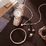 Women's 6-Piece Luxury Rhinestone Watch & Jewelry Set - Rose Gold