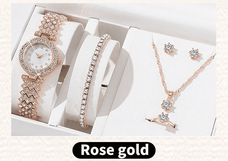 Women's 6-Piece Luxury Rhinestone Watch & Jewelry Set - Rose Gold