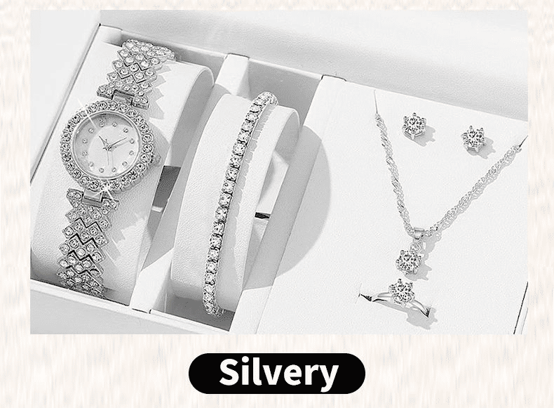 Women's 6-Piece Luxury Rhinestone Watch & Jewelry Set - Rose Gold