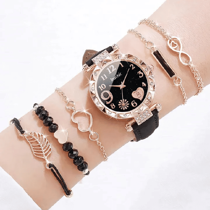 6 In 1 Women's Watch Bracelet Set Heart Dial Leather Band Quartz Leaf Bracelets