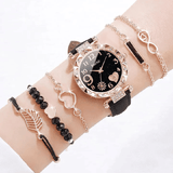 6 In 1 Women's Watch Bracelet Set Heart Dial Leather Band Quartz Leaf Bracelets