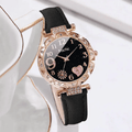6 In 1 Women's Watch Bracelet Set Heart Dial Leather Band Quartz Leaf Bracelets