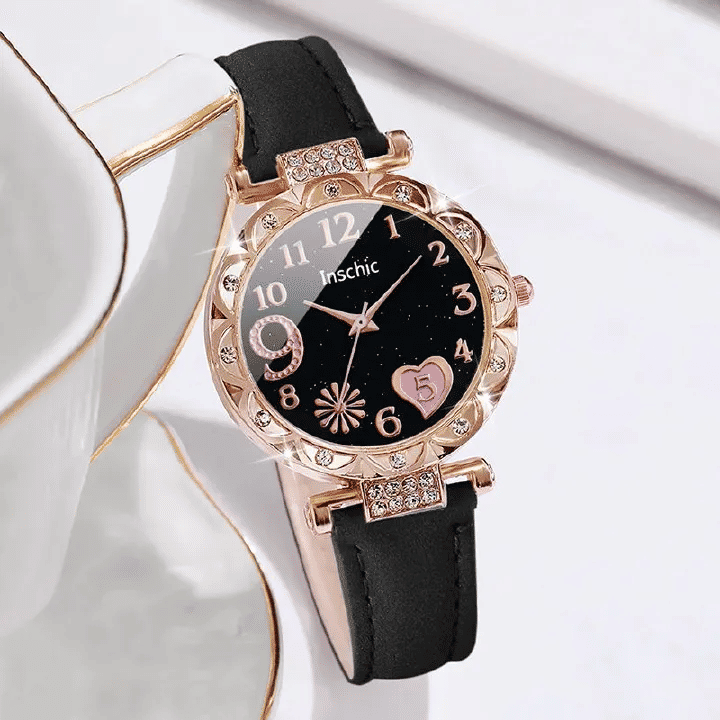 6 In 1 Women's Watch Bracelet Set Heart Dial Leather Band Quartz Leaf Bracelets