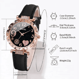 6 In 1 Women's Watch Bracelet Set Heart Dial Leather Band Quartz Leaf Bracelets