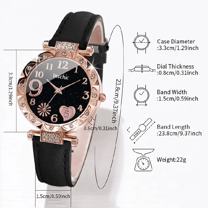 6 In 1 Women's Watch Bracelet Set Heart Dial Leather Band Quartz Leaf Bracelets