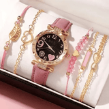 6 In 1 Women's Watch Bracelet Set Heart Dial Leather Band Quartz Leaf Bracelets