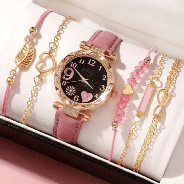 6 In 1 Women's Watch Bracelet Set Heart Dial Leather Band Quartz Leaf Bracelets