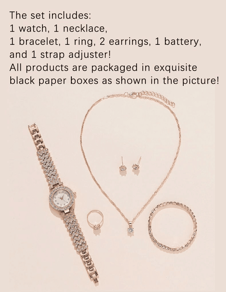 Women's 6-Piece Luxury Rhinestone Watch & Jewelry Set - Rose Gold