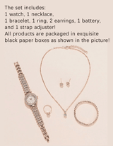 Women's 6-Piece Luxury Rhinestone Watch & Jewelry Set - Rose Gold