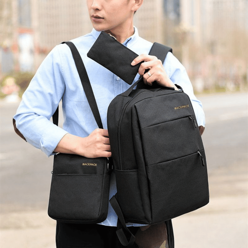 3-Piece Men's Anti-Theft USB Laptop Backpack Set, School Bookbag & Travel Bag