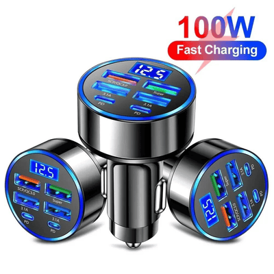 6-Port 100W Fast Car Charger with Voltage Display and QC3.0