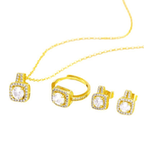 Elegant Gold Zircon 3-Piece Jewelry Set: Earrings, Ring, Necklace, Women's Pendant