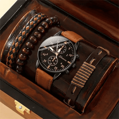 4-Piece Men's Luxury Quartz Wristwatch and Bracelet Gift Set