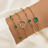 Chic Adjustable Green Gemstone Gold Stackable Heart Bracelet Set for Women