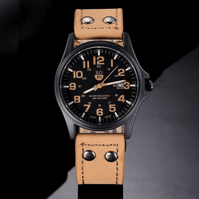 Men's Quartz Sports Watch with Leather Strap and Date Calendar
