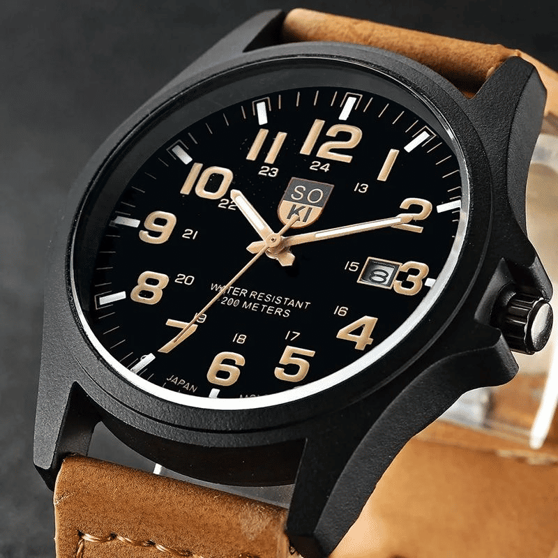 Men's Quartz Sports Watch with Leather Strap and Date Calendar