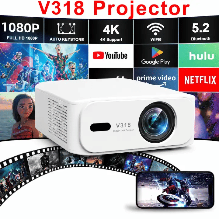 V318 Smart Projector 400 ANSI 1080P 4K Support Android 11 WiFi 6 Bluetooth Auto Focus