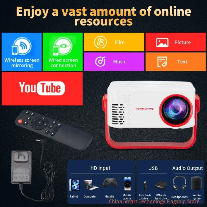 Portable Projector 200 ANSI Lumens Native 720P 1080P 4K Support WiFi Bluetooth Auto Keystone
