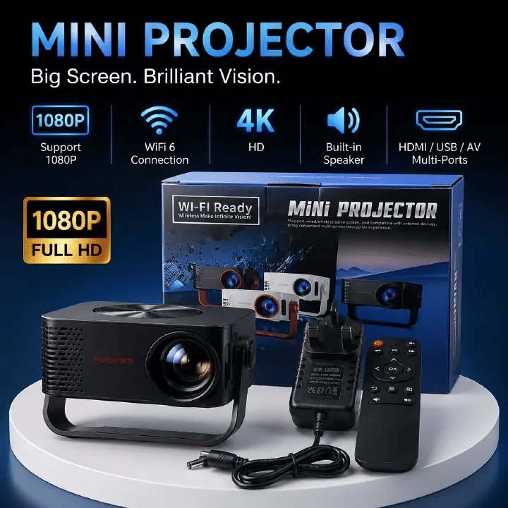 Portable Projector 200 ANSI Lumens Native 720P 1080P 4K Support WiFi Bluetooth Auto Keystone