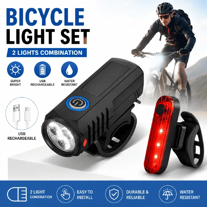 LED USB Rechargeable Bike Headlight And Taillight Set Handlebar Mount High Brightness For Night Riding