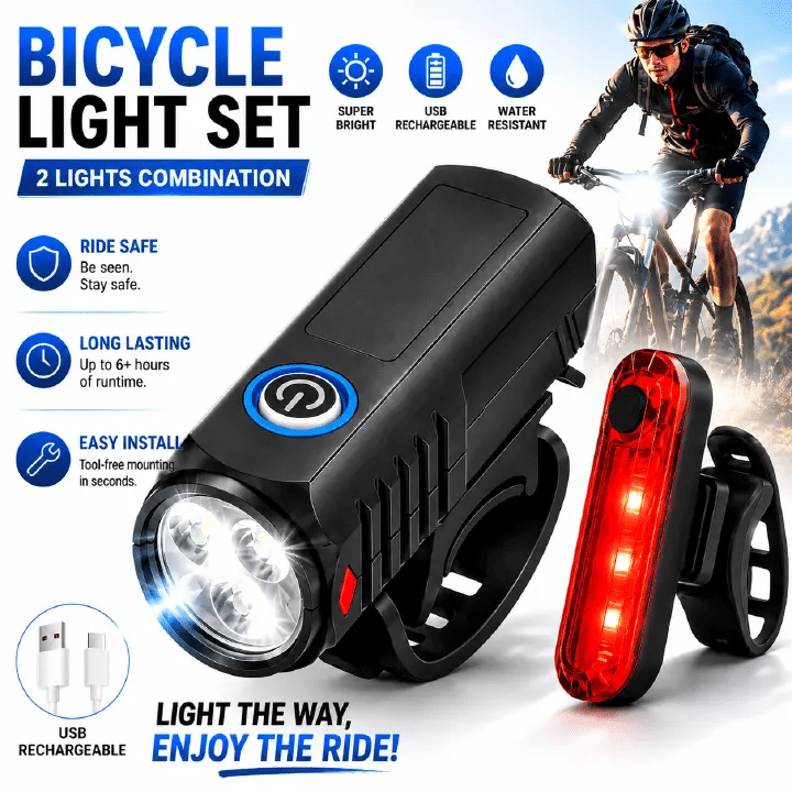 LED USB Rechargeable Bike Headlight And Taillight Set Handlebar Mount High Brightness For Night Riding
