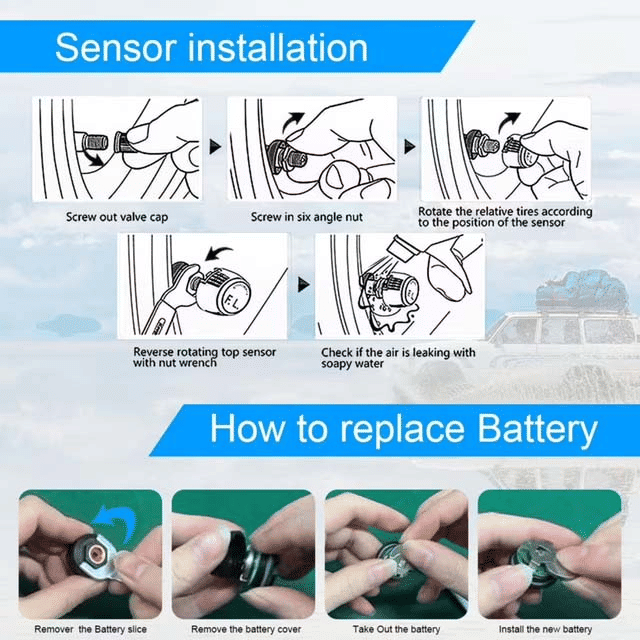Wireless Solar Tire Pressure Monitoring System 4 Sensors LCD Display