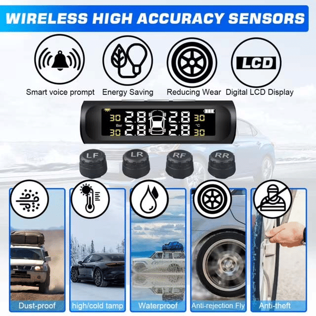Wireless Solar Tire Pressure Monitoring System 4 Sensors LCD Display