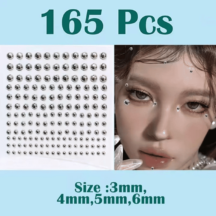 165 Pcs Silver Self Adhesive Faux Diamond Crystal Rhinestone Stickers Fake Nose Stud Non Piercing Eye Ear Face Body Jewelry for Women Acrylic Lip Nail Decoration