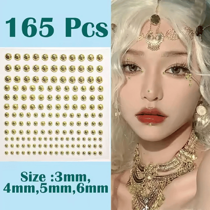 165 Pcs Gold Self Adhesive Faux Diamond Nose Stud Rhinestone Stickers Non Piercing Eye Ear Face Body Jewelry for Women Acrylic Crystal Lip Facial Nail