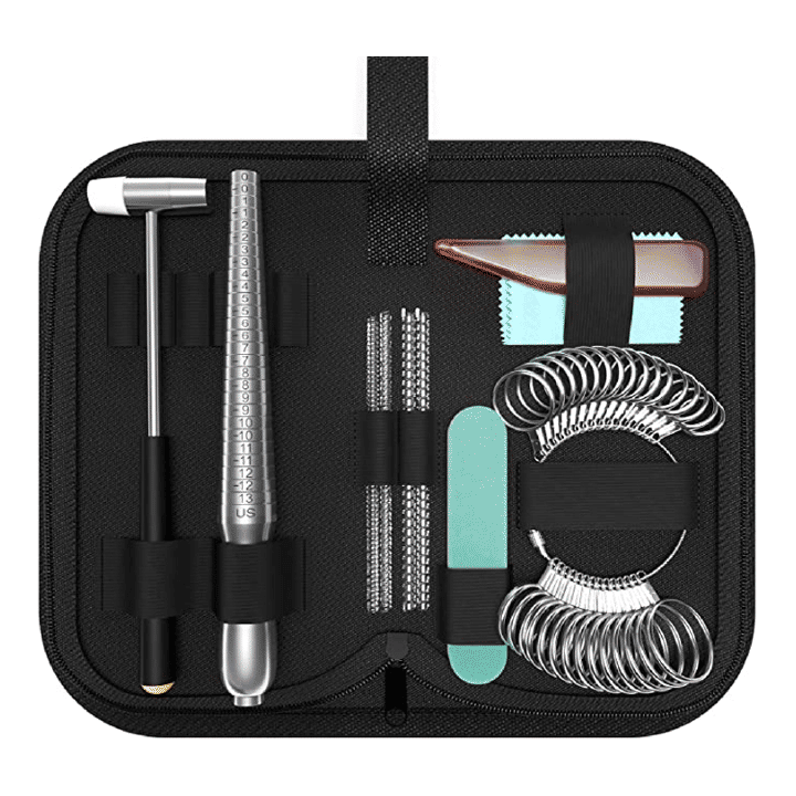 11-Piece Ring Sizing Mandrel Set with Rubber Hammer Polishing Cloth Agate Knife Adjusters and Zipper Storage Case for Jewelry Making