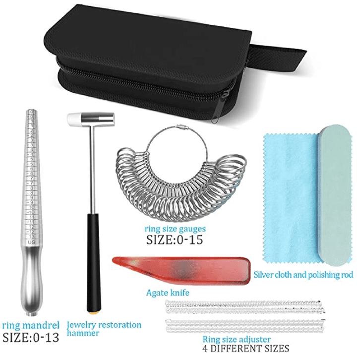 11-Piece Ring Sizing Mandrel Set with Rubber Hammer Polishing Cloth Agate Knife Adjusters and Zipper Storage Case for Jewelry Making