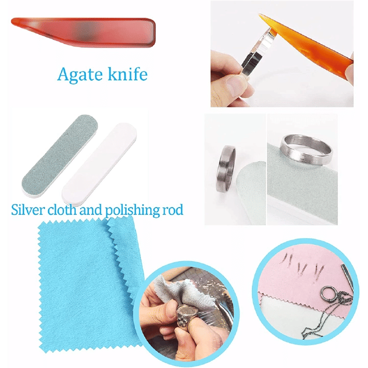 11-Piece Ring Sizing Mandrel Set with Rubber Hammer Polishing Cloth Agate Knife Adjusters and Zipper Storage Case for Jewelry Making