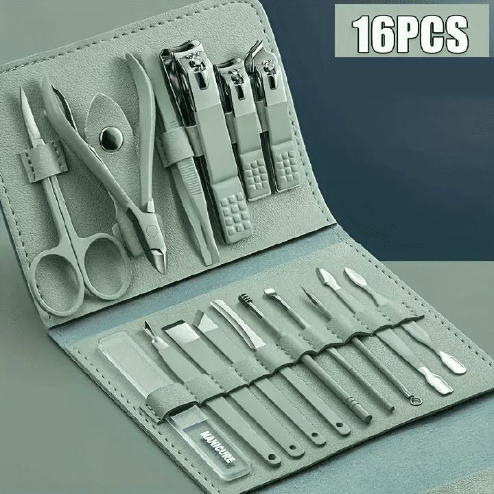 16-Piece Professional Stainless Steel Nail Care Tools Luxurious Grooming Kit with Travel Case Manicure Pedicure Set