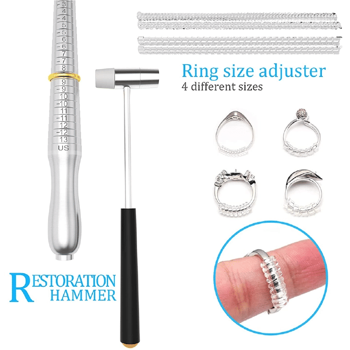 11-Piece Ring Sizing Mandrel Set with Rubber Hammer Polishing Cloth Agate Knife Adjusters and Zipper Storage Case for Jewelry Making