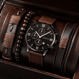 4-in-1 Men's Quartz Watch Set with 3 Stylish Bracelets