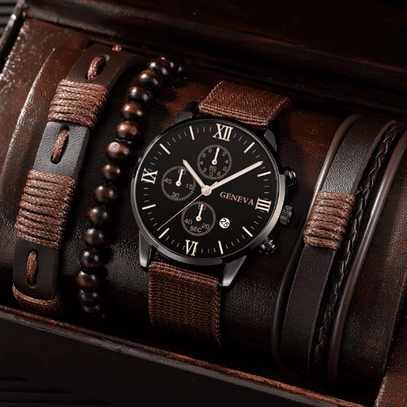 4-in-1 Men's Quartz Watch Set with 3 Stylish Bracelets