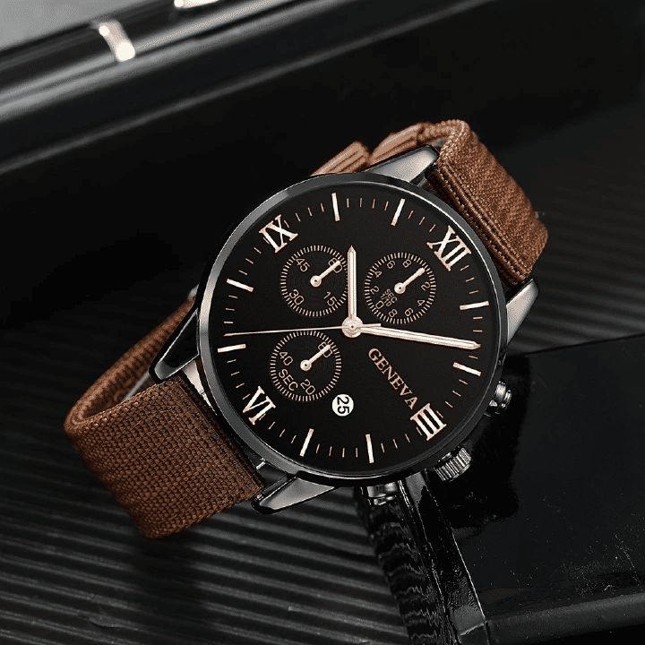 4-in-1 Men's Watch Set Quartz Business Casual Round Pointer Calendar Canvas Band Bracelet Accessories